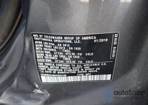 2019 Volkswagen Atlas 3.6L V6 Se W/Technology from USA, damaged, VIN 1V2WR2CA9KC532105